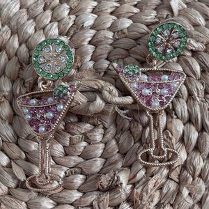 Elegant Cocktail Glass Earrings with Green and Pink Crystals